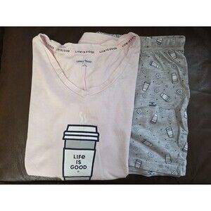 Life is Good Coffee Pajama Set, Short Sleeve and Shorts, Women's Large